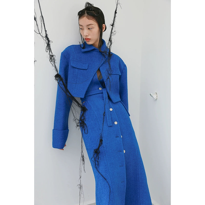 Klein Blue Wide Shoulder Hollow Woolen Coat T345