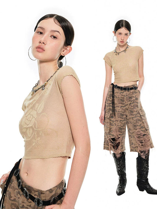 Rose Cutout Glitter Knit T-Shirt – Sheer Short Sleeve Slim Crop Top