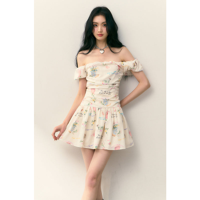 Letter Off-Shoulder Pleated Dress