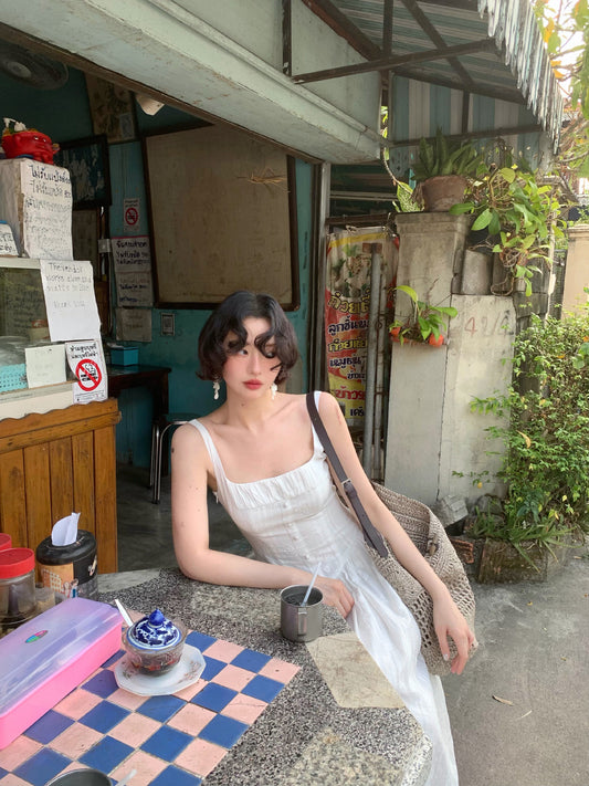 Mountain White Tea Cotton Square-Neck Dress