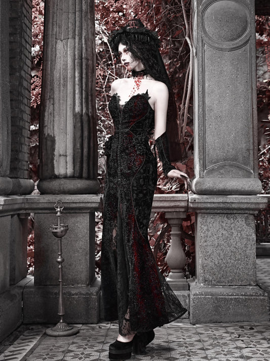 Scarlet Gothic Mermaid Dress – Glitter Velvet Dark Romance