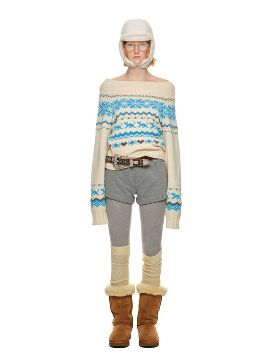 vintage coarse shoulder Fair Isle sweater autumn winter loose christmas top jacket women