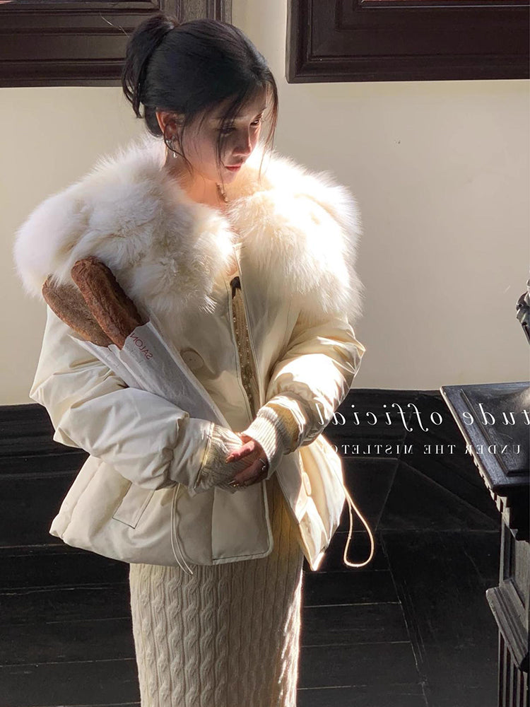 White Duck Down Jacket – Cozy Winter Puffer with Imitation Fox Fur Collar