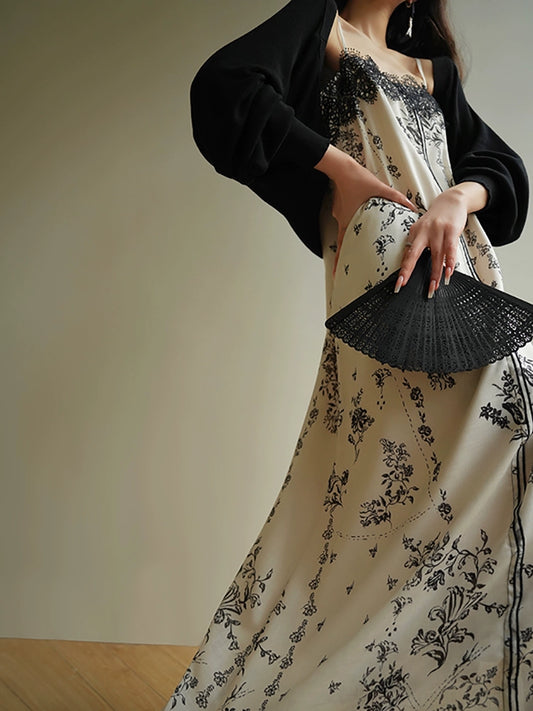 Ink Print Sundress – Slim Lace Aesthetic