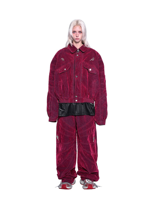 Velvet Red Denim Jacket – Padded Shoulders Electric Moon Genderless Style