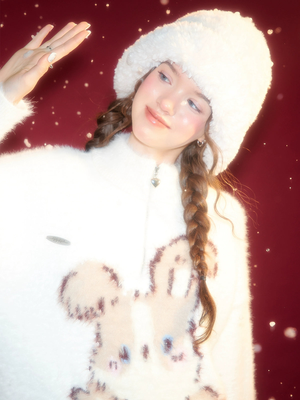 Suéter de Felpa de Conejo Rosa Diseño Retro de Terciopelo con Media Cremallera para Otoño/Invierno