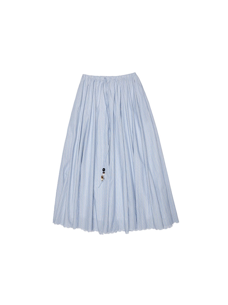 Striped Cotton Resort Skirt with Beaded Straps – Loose Swing A-Line Design