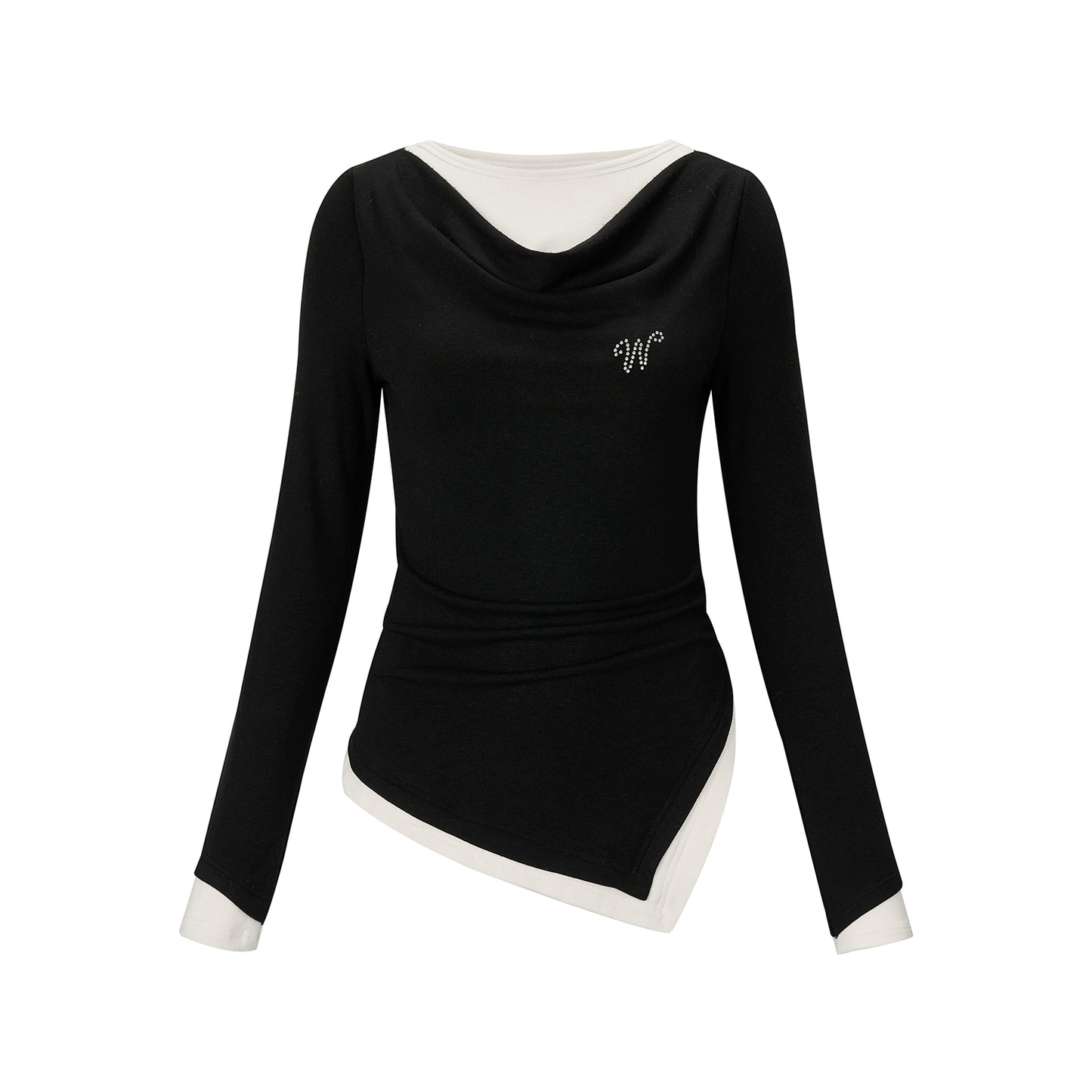 가을과 겨울 검은 가짜 두 조각 핫 다이아몬드 내부 쌍 긴 소매 티셔츠 스윙 목 바닥 셔츠 여자