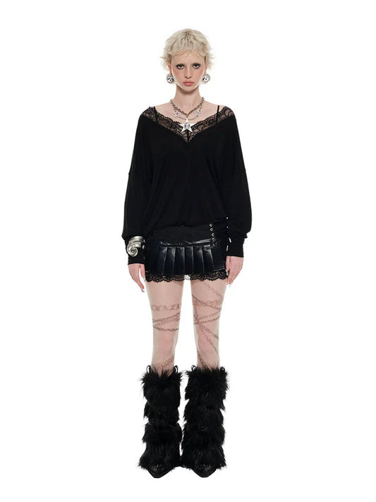 V-Neck Faux Two-Piece Lace Blouse – Loose Midi Cover-Up Top