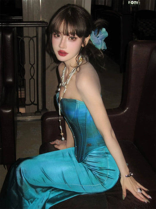 Blue Herringbone Bandeau Gown – Light Luxury New Year & Engagement Look