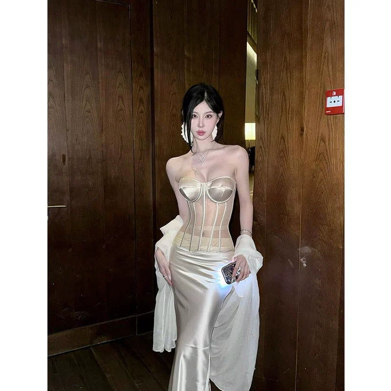 Celebrity Bandeau Dress – Luxe Herringbone Hip-Wrap Party Gown