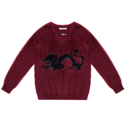 Pull à col en V Dragon en peluche | Design rétro de noël/nouvel an doux et épais pour l'automne/hiver