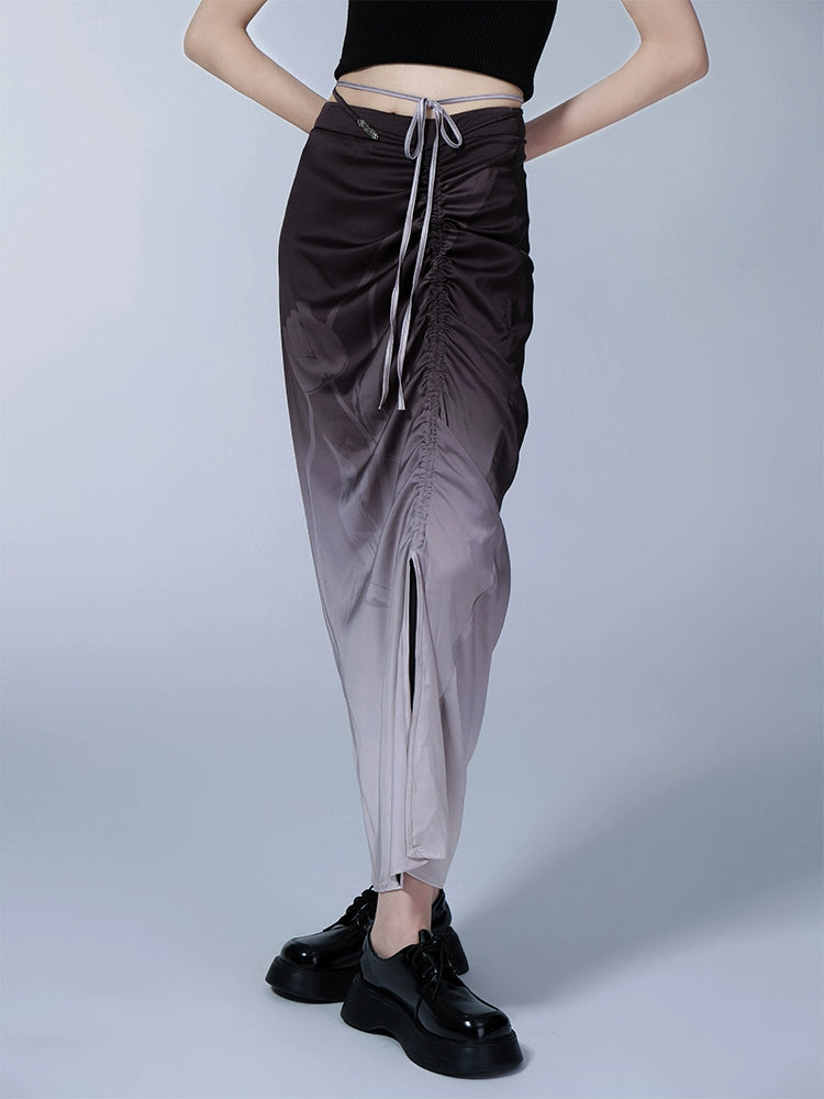 Purple Gradual Tulip Star Printed Satin Half Skirt