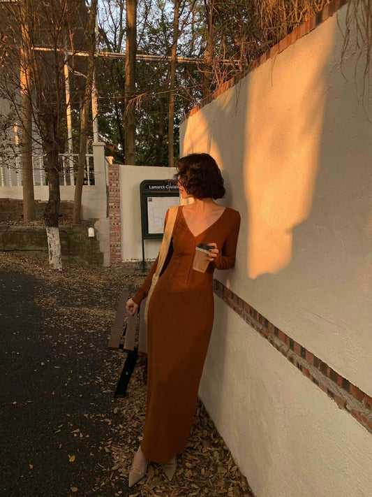 Shirred V-Neck Long Knitted Dress – Double 11 Chic Style