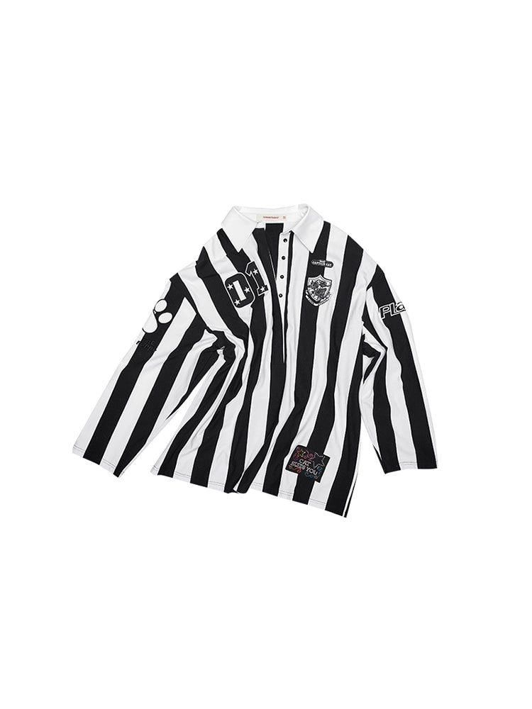 Black & White Polo Collar Jersey Shirt Jacket – Loose Fit Long Sleeve Top