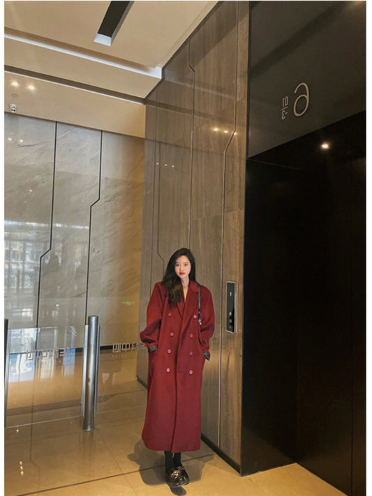 Reversible Cashmere Coat – Red Mid-Length Woolen New Year’s Jacket