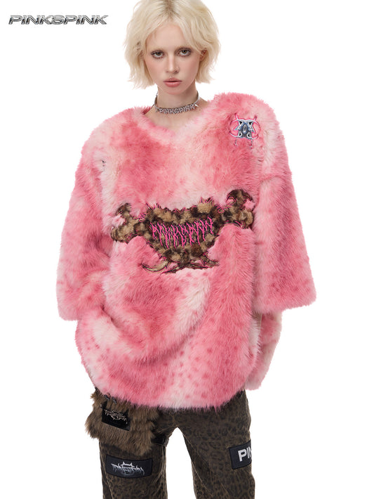 Electric Moon Leopard Heart Embroidered Pink Y2K Fur Top