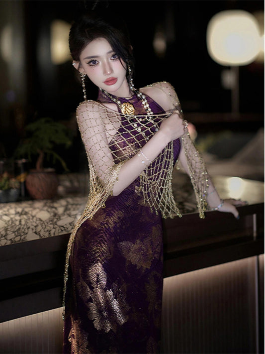 Modern Cheongsam – Purple Jacquard Hip-Wrap Party Dress