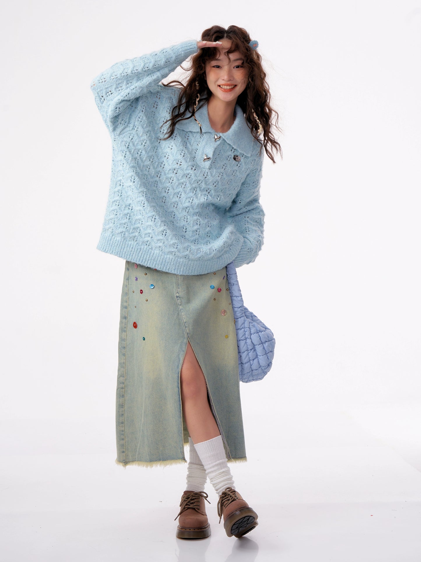 Suéter tipo polo de cera suave | Diseño hueco de estilo retro perezoso para otoño/invierno