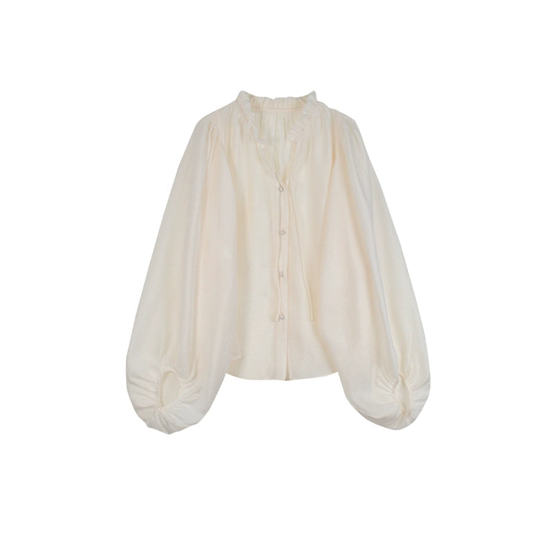 Milk Tea V-Neck Bubble Sleeve Shirt