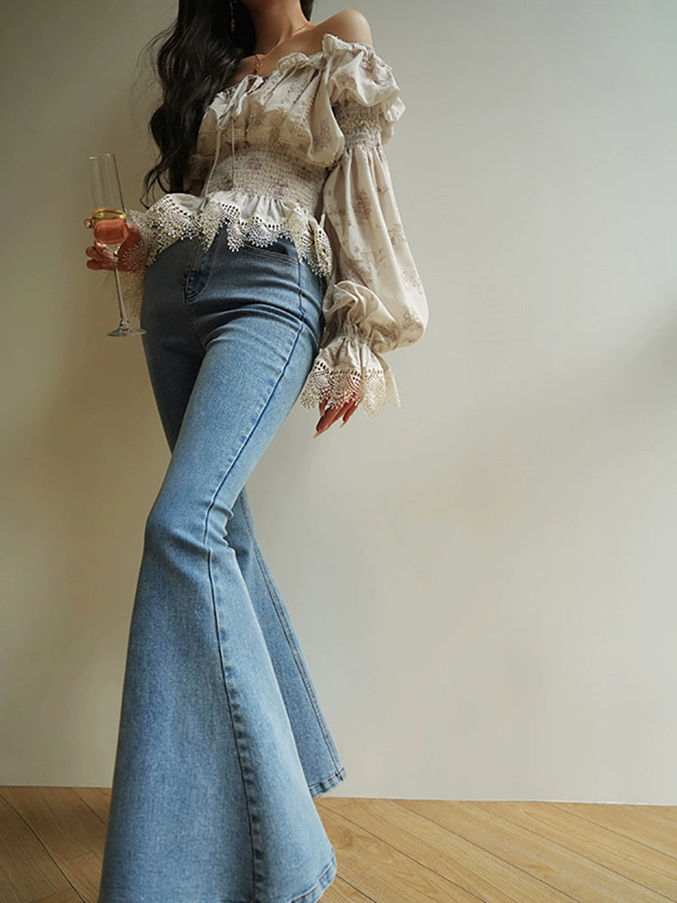 Sunny Blue High-Waist Flared Jeans – Retro Wide-Leg Pants