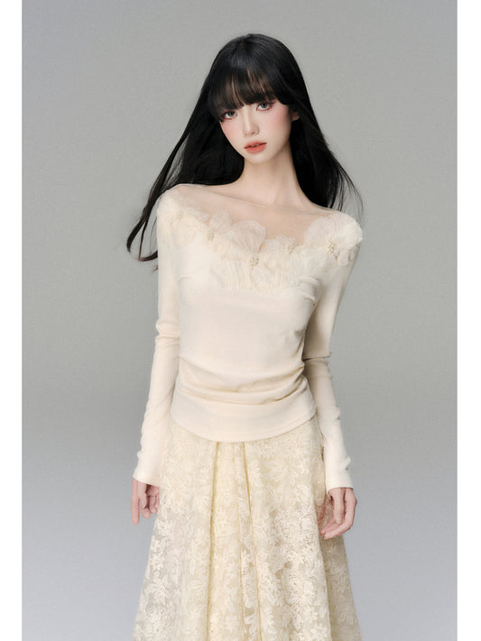 Floral Lace Trim Long-Sleeve Knit Top for Women