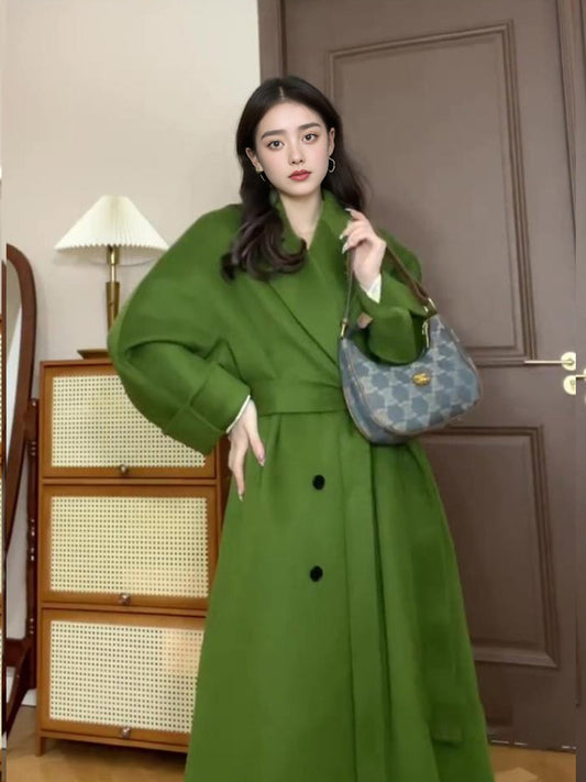 Green Double-Sided Cashmere Coat – Elegant Long Woolen Outerwear
