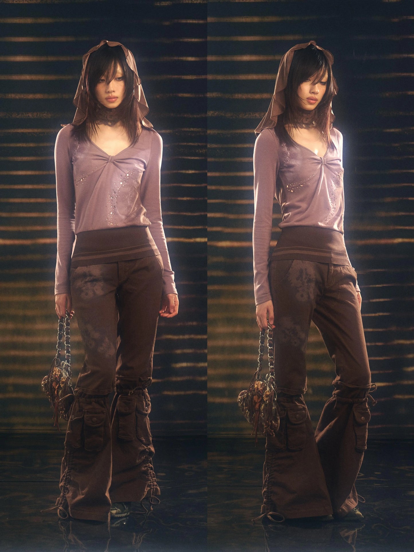 Printed Stretch-Knit Gauze Hooded Top – Soft Fit Style