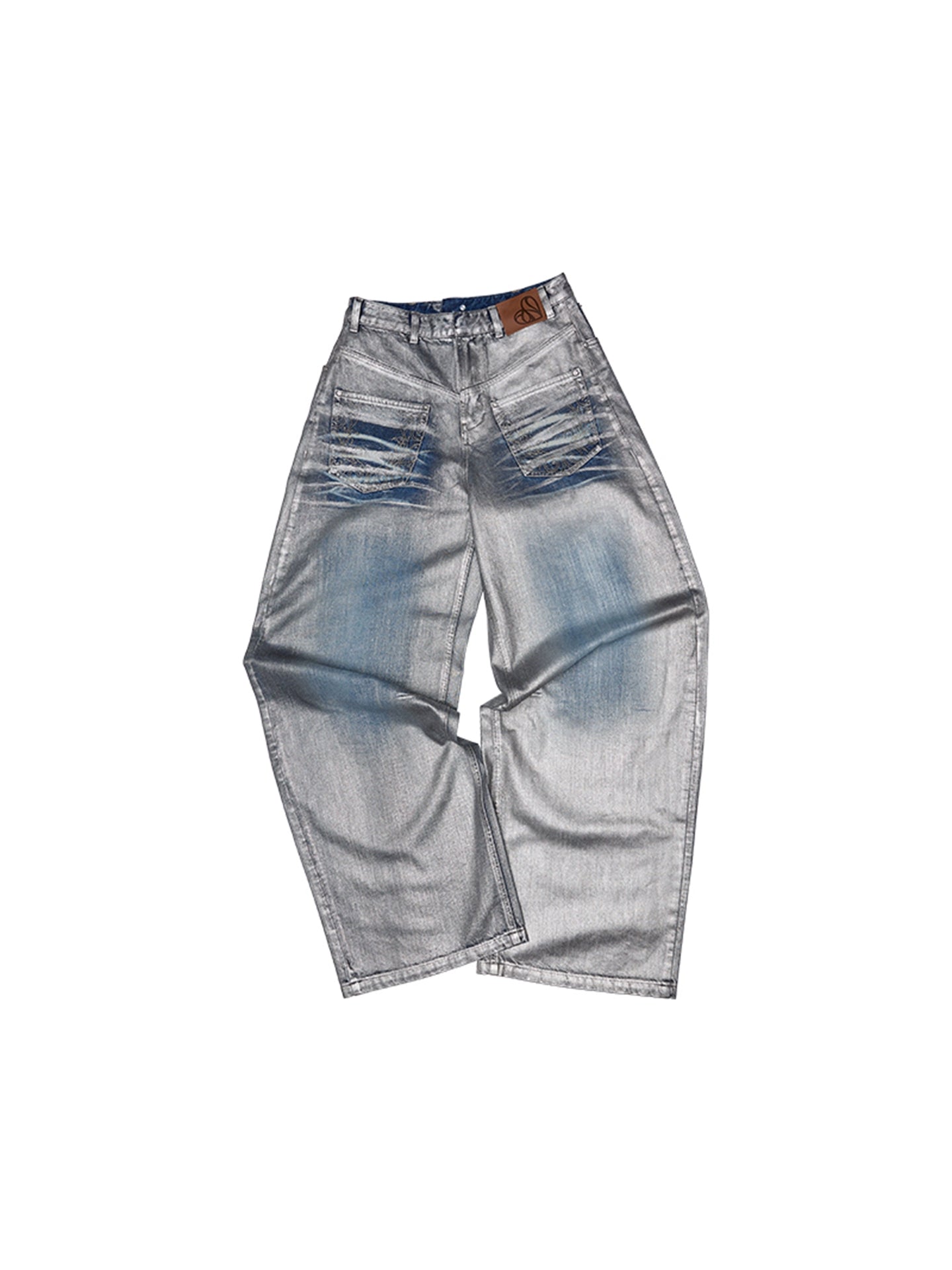 Silver Embroidered Distressed Wide-Leg Denim Pants – Low-Rise Statement Jeans