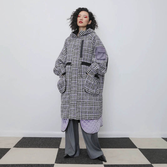 Шерстяное пальто в клетку с капюшоном и хлопковой подкладкой D423