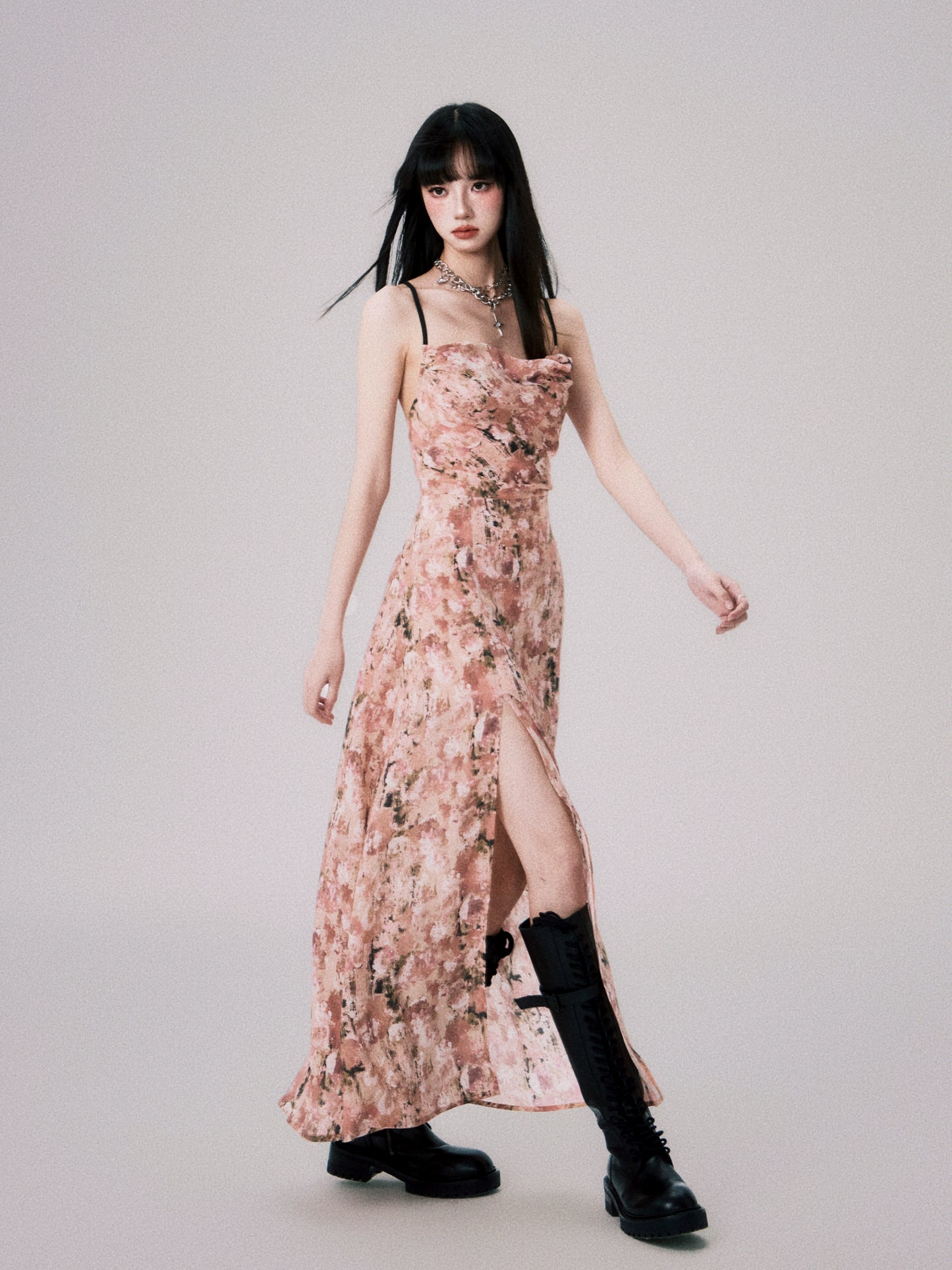 Apricot Pink Floral Swing Neck Backless Date Slip Dress