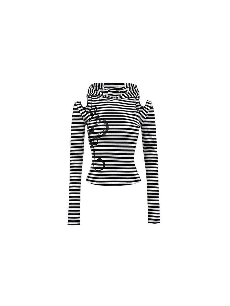 Striped Hoodie Base Layer with Cat Ears – Slim Fit Off-Shoulder Design