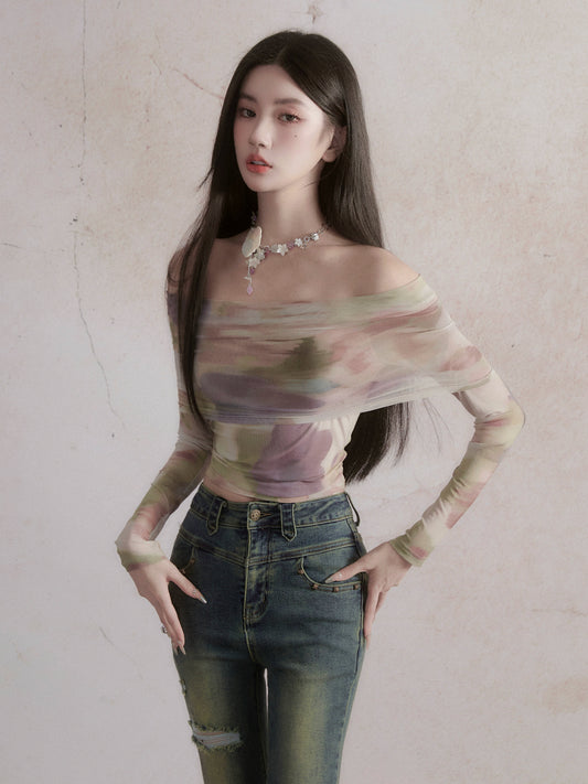 Sweet and Spicy One Shoulder Halo Dyed Long T-shirt