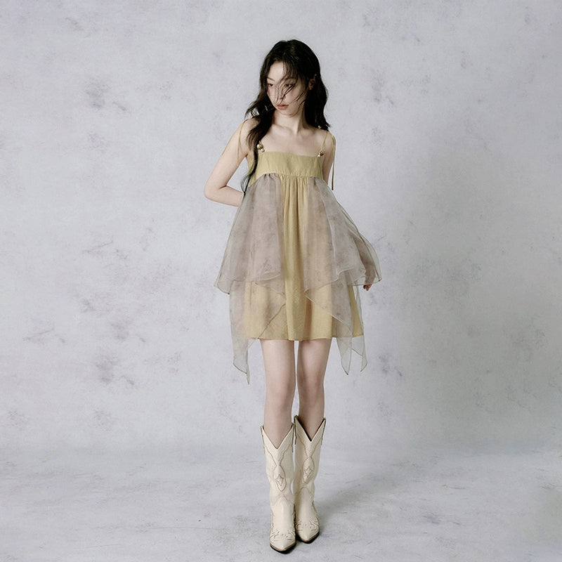 Dry Leaf Yellow Glass Yarn Splicing Cold Zen Style Dress