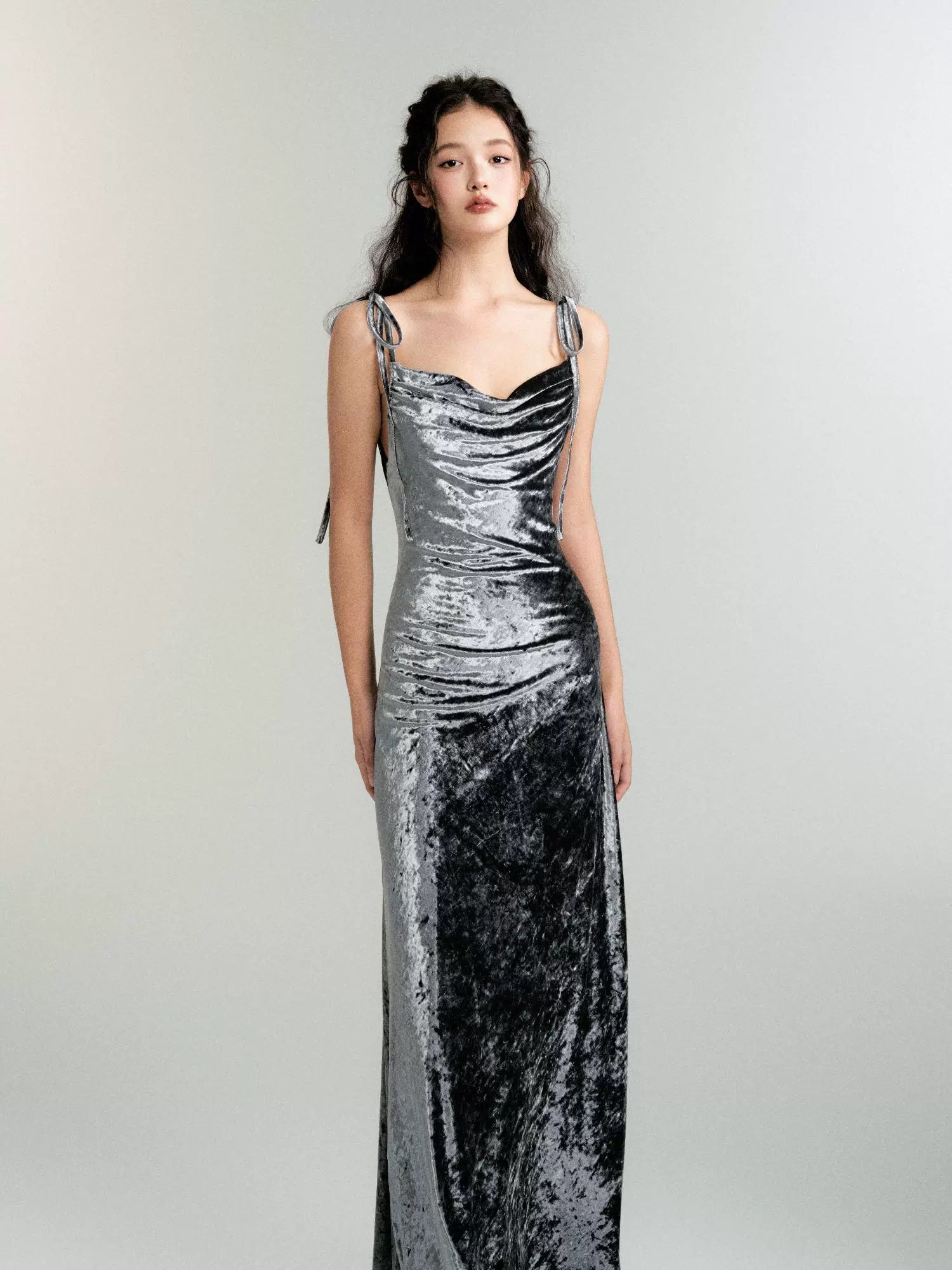 Velvet Swing Neck Sexy Slip Dress for Dinner Events - Silver gray / XS spot Velvet Swing Neck Sexy Slip Dress for Dinner Events - Silver gray / XS spot
