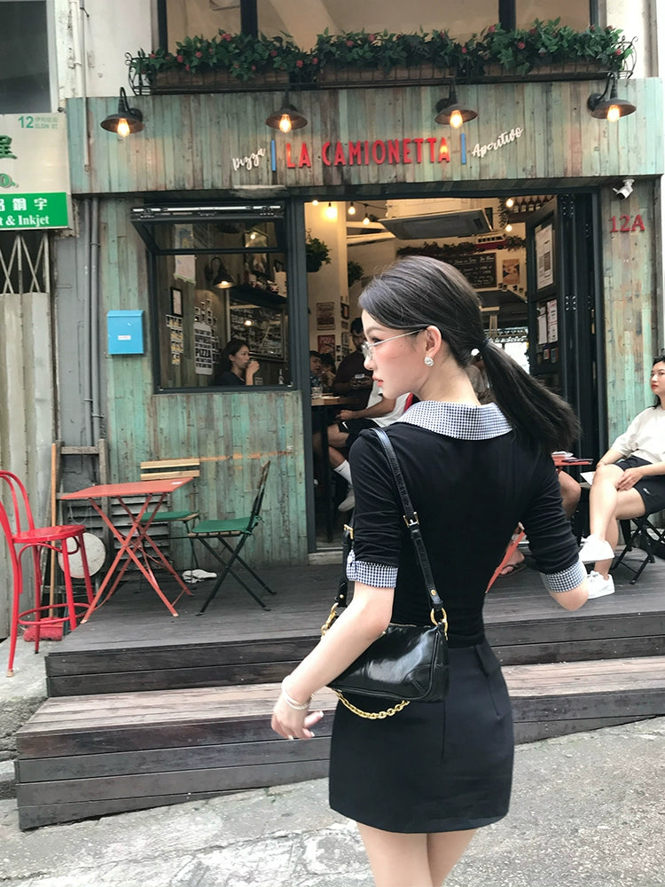 Vintage Contrast Polo Knit Top - Women's Summer Mid-Sleeve Style