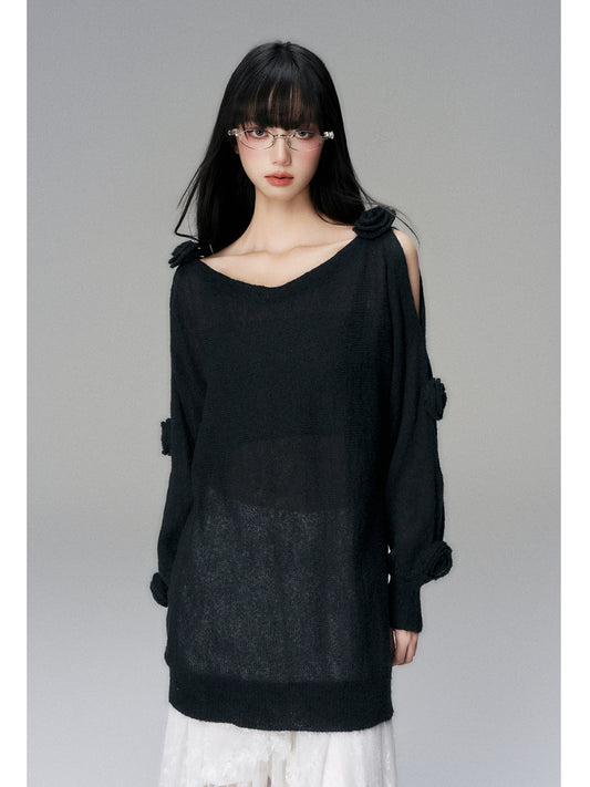 Three-Dimensional Flower Wool V-Neck Sweater (Semi-Transparent)
