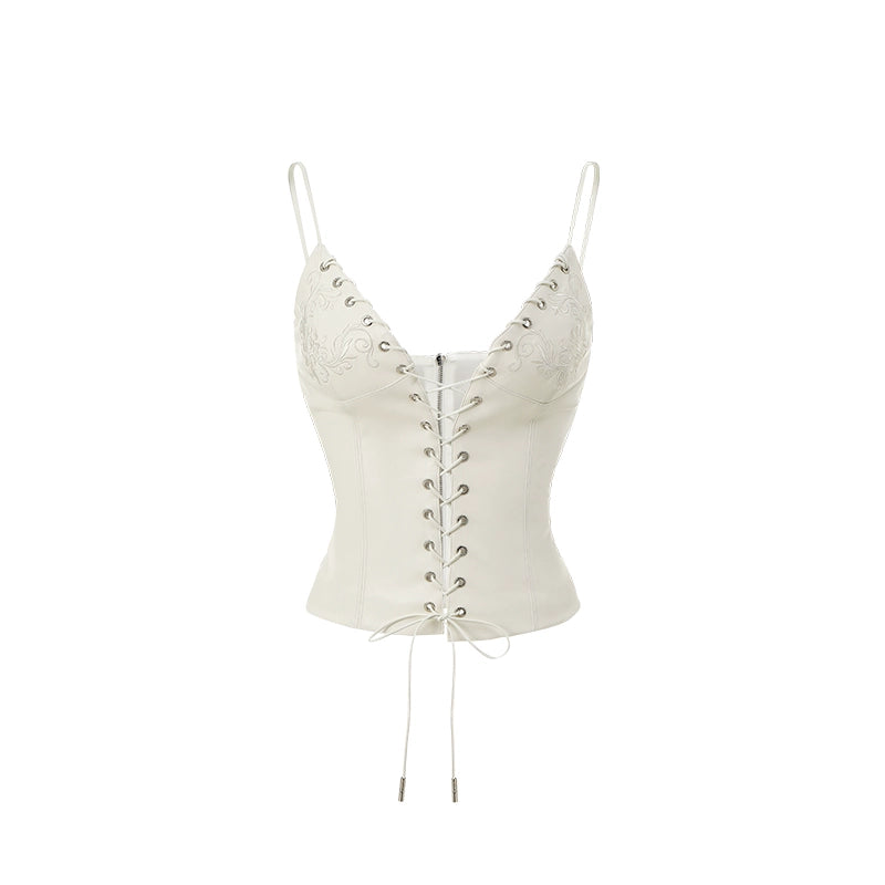 French Cut-Out Lace-Up Leather Camisole – Slim Embroidered Design