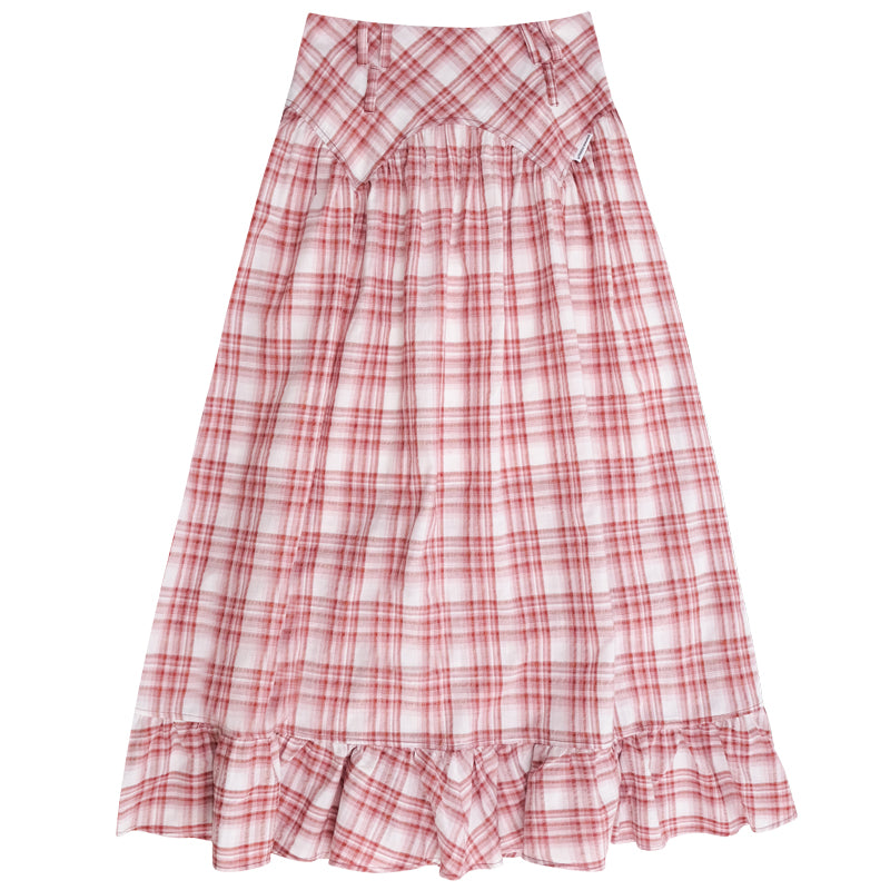 Red Plaid High Waist Midi Skirt