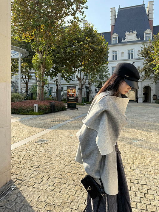 Gradient Cashmere Coat – Hepburn-Style Woolen Scarf Cape