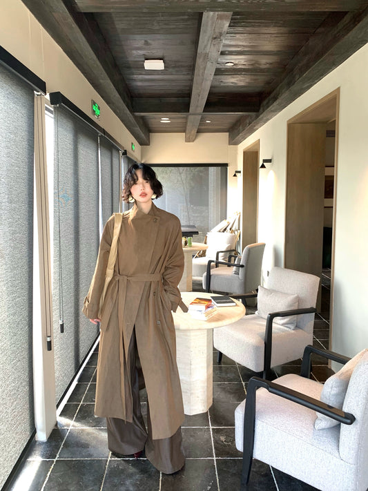 Hong Kong style retro autumn new brown waist-cinching belted trench coat, high-end loose long coat for women