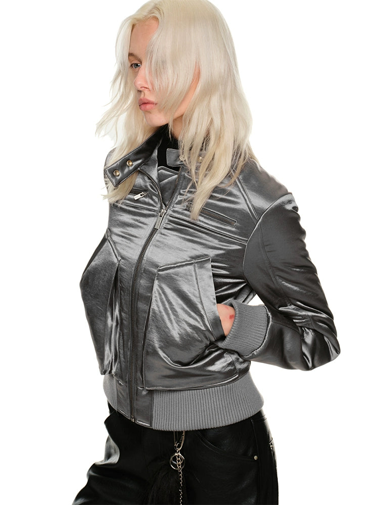 Silver Satin Cargo Jacket with Cotton Fabric and Oversized Pockets – Urban Winter Look