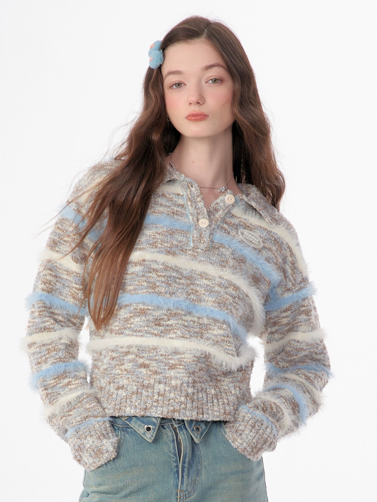 Suéter tipo polo a rayas en contraste | Sudadera con capucha retro de alta gama estilo perezoso para otoño/invierno