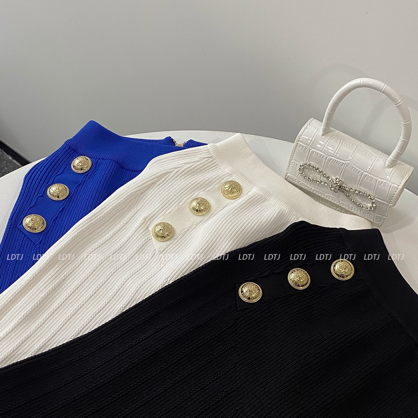 Celeb Gold Cardigan Skirt Suit