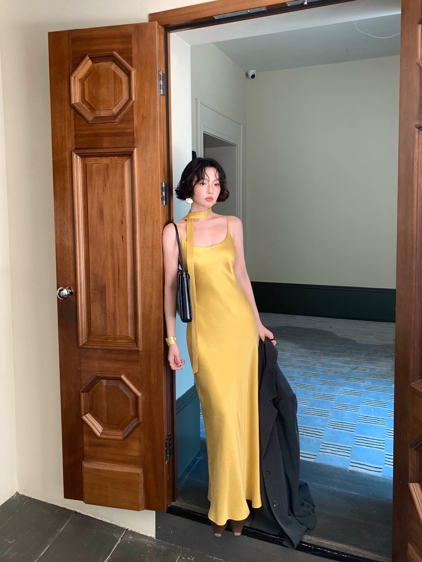 Sunlight Charm Tencel Satin Suspender Dress with Neck Tie – Retro Autumn