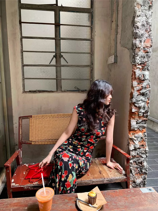 Retro Black Floral High-Waisted Dress