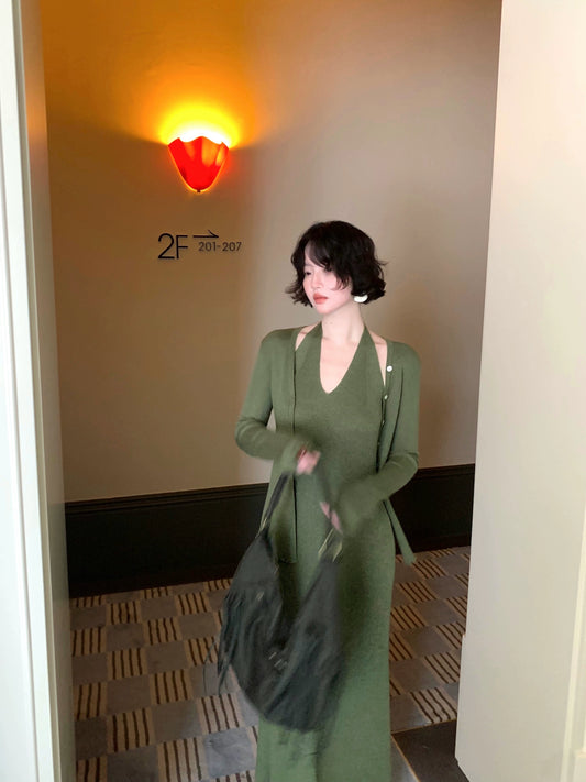 Qingtan Knit Cardigan & Halter Long Dress Set – Hong Kong Retro Autumn Look