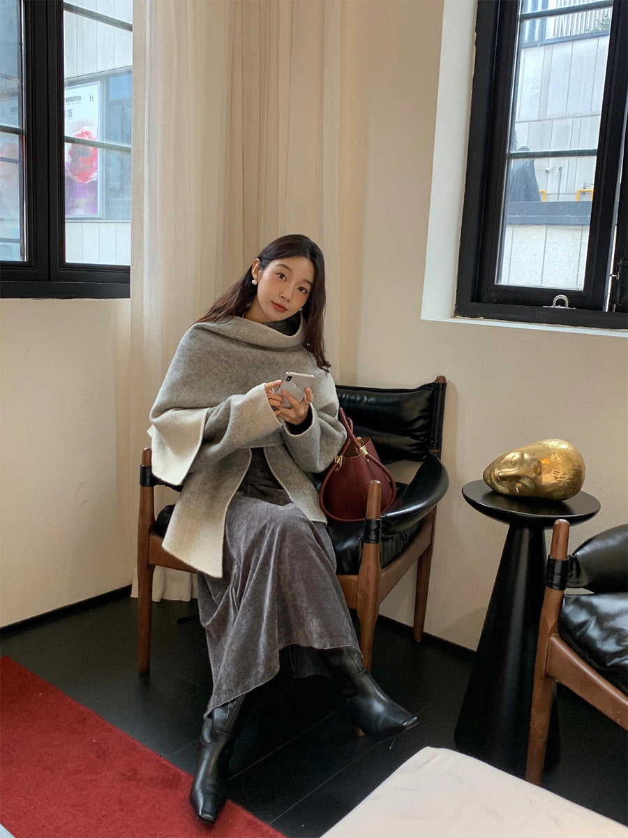 Gradient Cashmere Coat – Hepburn-Style Woolen Scarf Cape