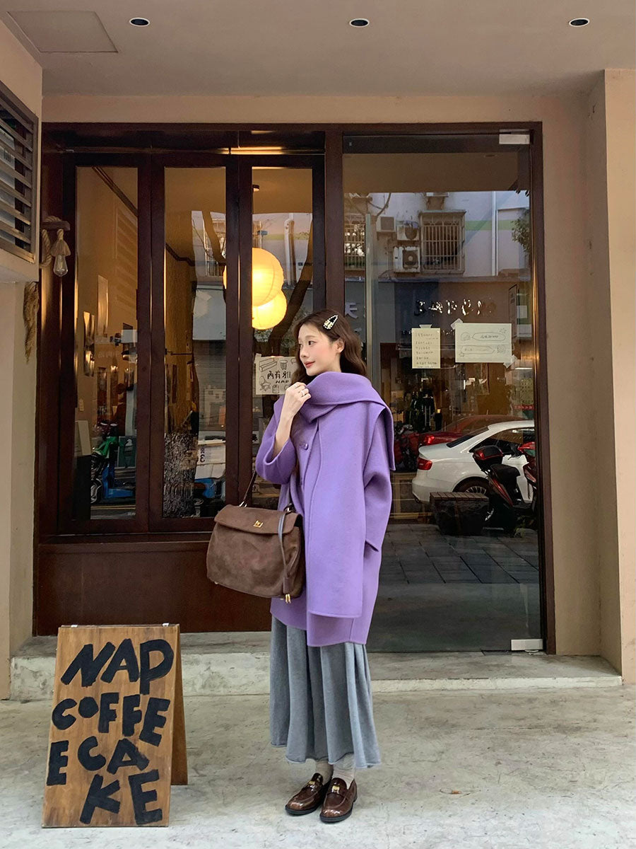 Purple Scarf Cashmere Coat – Elegant Double-Sided Woolen Outerwear
