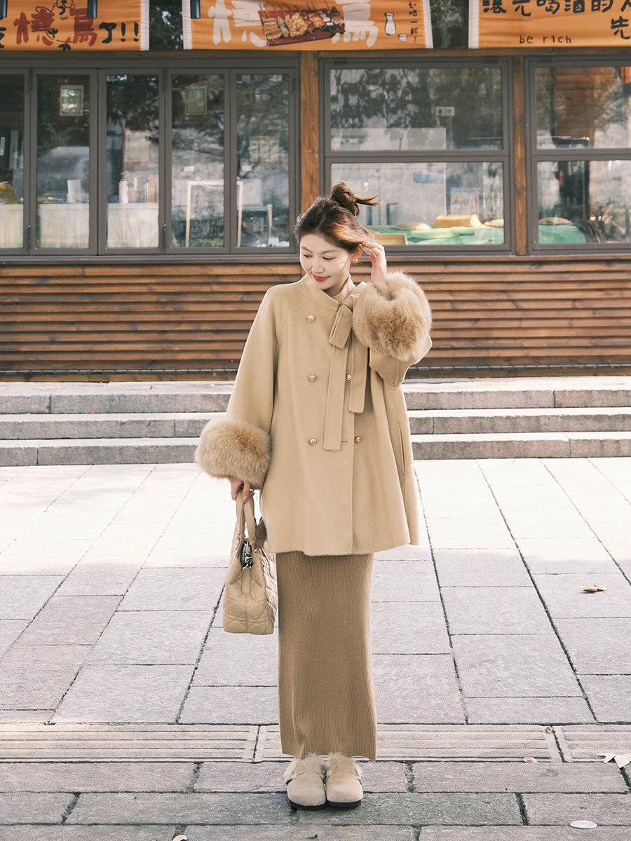 Reversible Cashmere Cape – Luxe Gold Bow-Detail Woolen Jacket